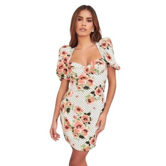 LAVISH ALICE Women’s Polkadot Floral Puff Sleeved Ruched Mini Dress - Picture 1 of 5
